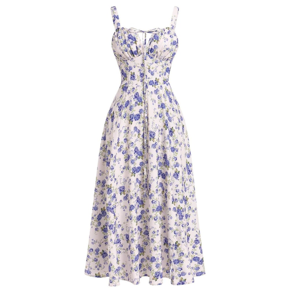 Blue Floral Milkmaid‎ Midi Dress Prairiecore Lace Up Back Corset Sweetheart S